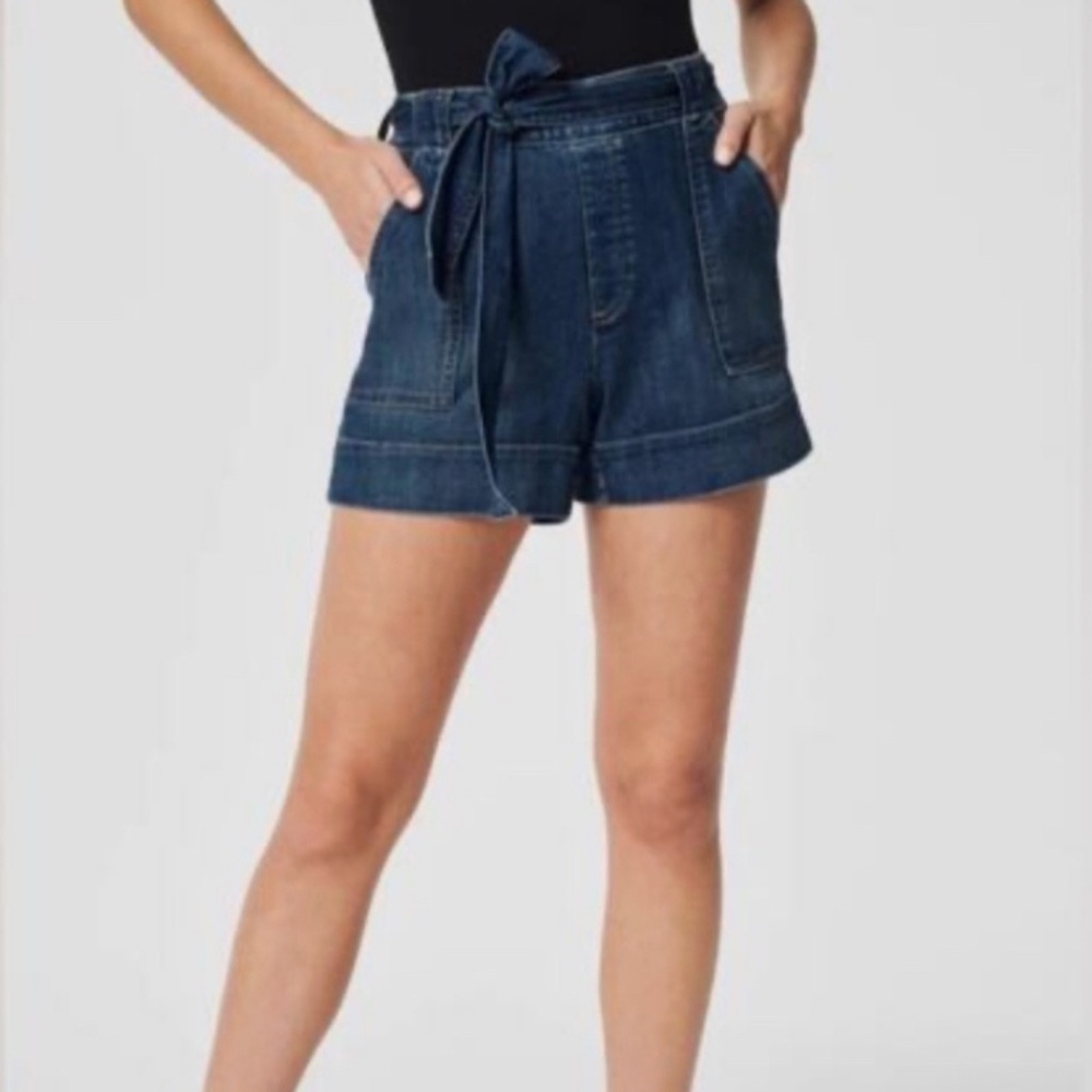 Spanx Shorts Womens XS Blue Tie Waist Twilight Indigo High Rise Denim Stretch